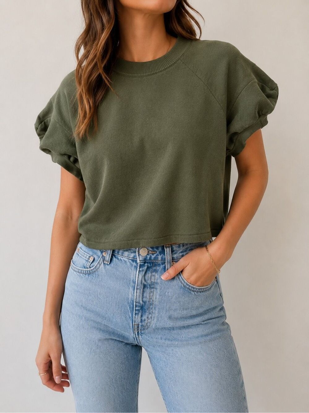 Anthropologie Olive Green Puff Sleeve Cropped Sweatshirt XS Crewneck Top